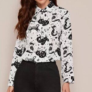 🌸3 for 20$🌸 SHEIN Witchy Cat Graphic Button Up Blouse US 12